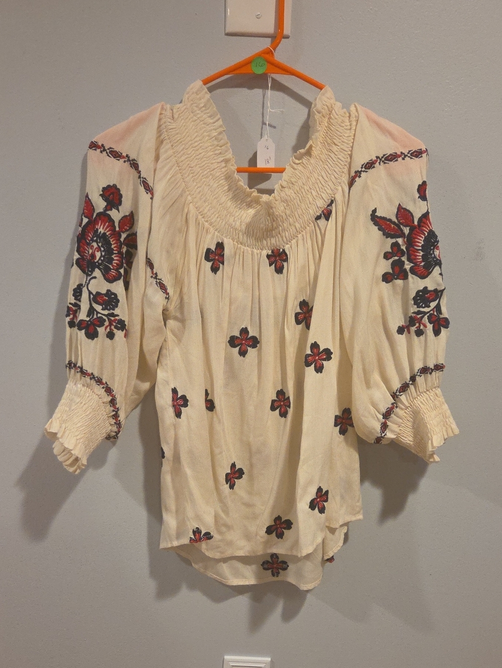 RAGA Cream Off Shoulder Tunic with Red & Navy Floral Embroidery